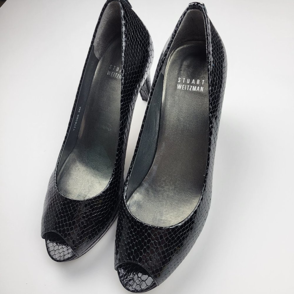 Stuart Weitzman Logoplainfield  Platform Heels Black Crystal Snake Size M8.0 EUC